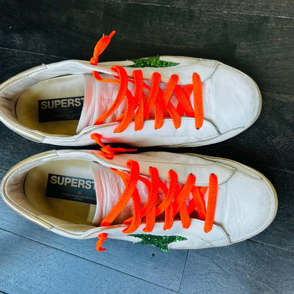 Golden Goose Women's Super-Star, white leather, green glitter star, Size 41